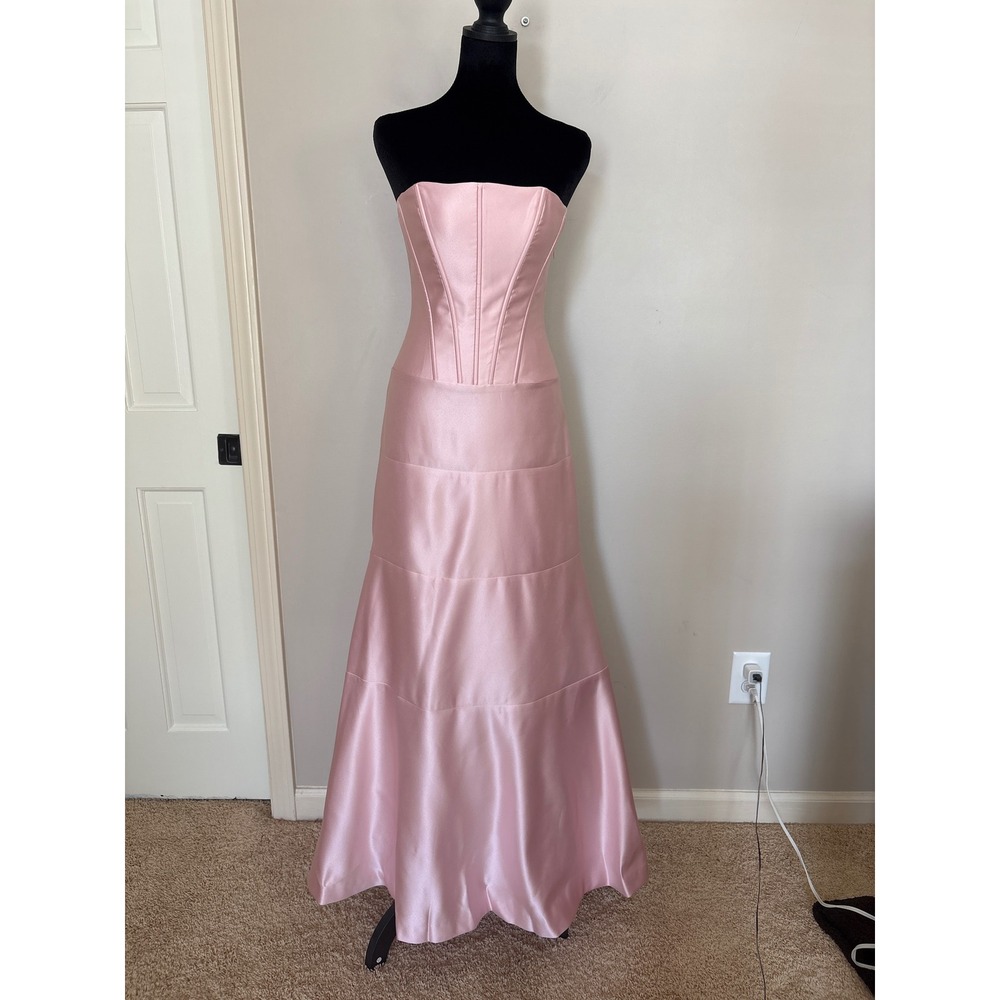 Vintage 2000s BCBG Maxazaria Pink Satin Corset Strapless Lace Up Maxi Gown Dress